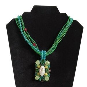 Handmade Green & Blue Beaded Multi Strand Rhinestone Pendant Statement Necklace
